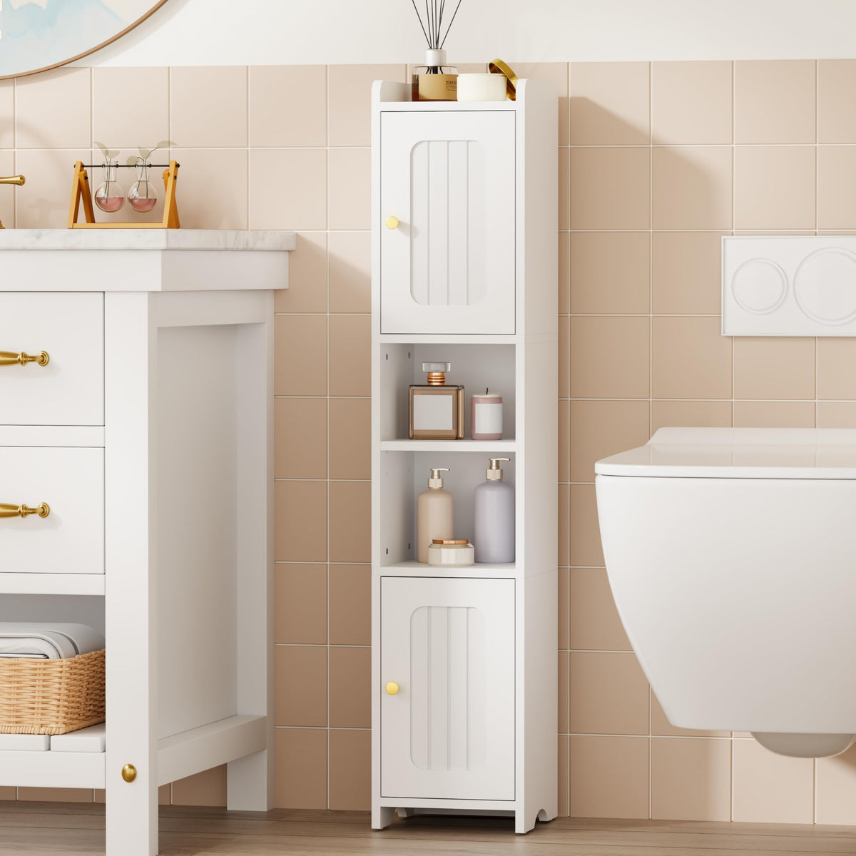 Slim Bathroom Storage Cabinet with 2 Doors and Adjustable Shelf Y78083