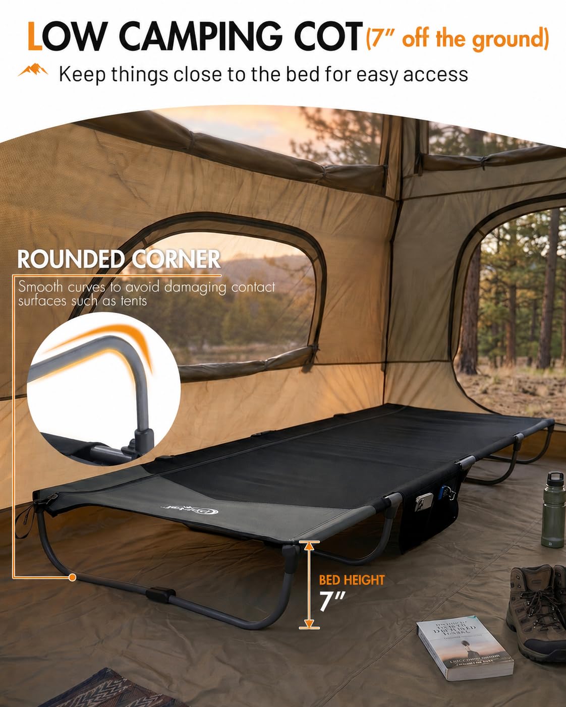 Ultra-Light 7.1 lbs Foldable Camping Cot with Side Pocket R502