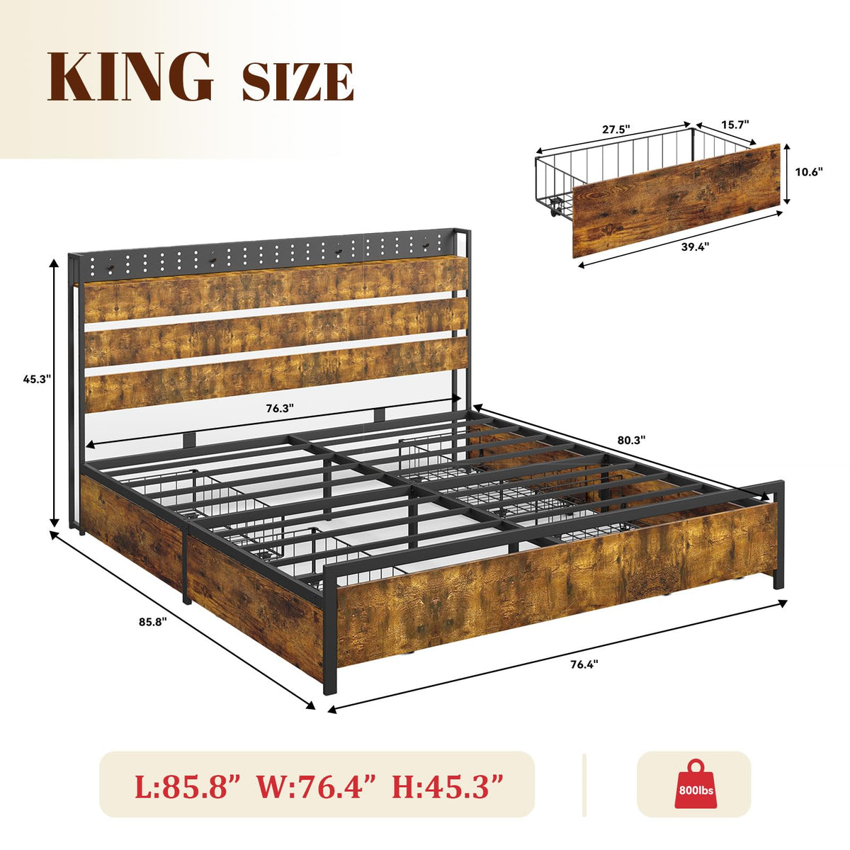 King Size Storage Bed Frame with 4 Drawers, Metal Bed Frame with Headboard Charging Station & Led Lights, Heavy Duty Platform Bedframe, No Box Spring Needed, Noise Free, Easy Assembly, Brown O320224