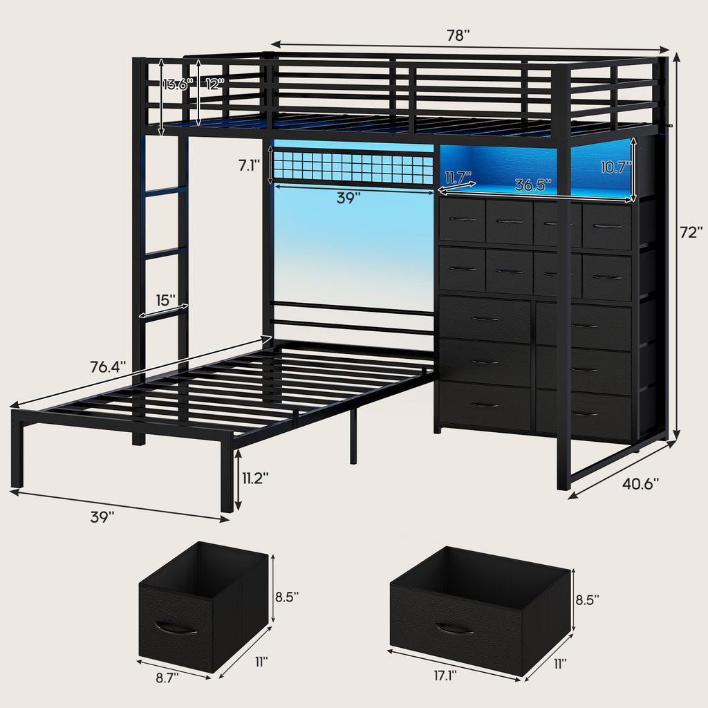 Black Twin Over Twin Bunk Bed with Storage Drawers & Bookshelf D554468