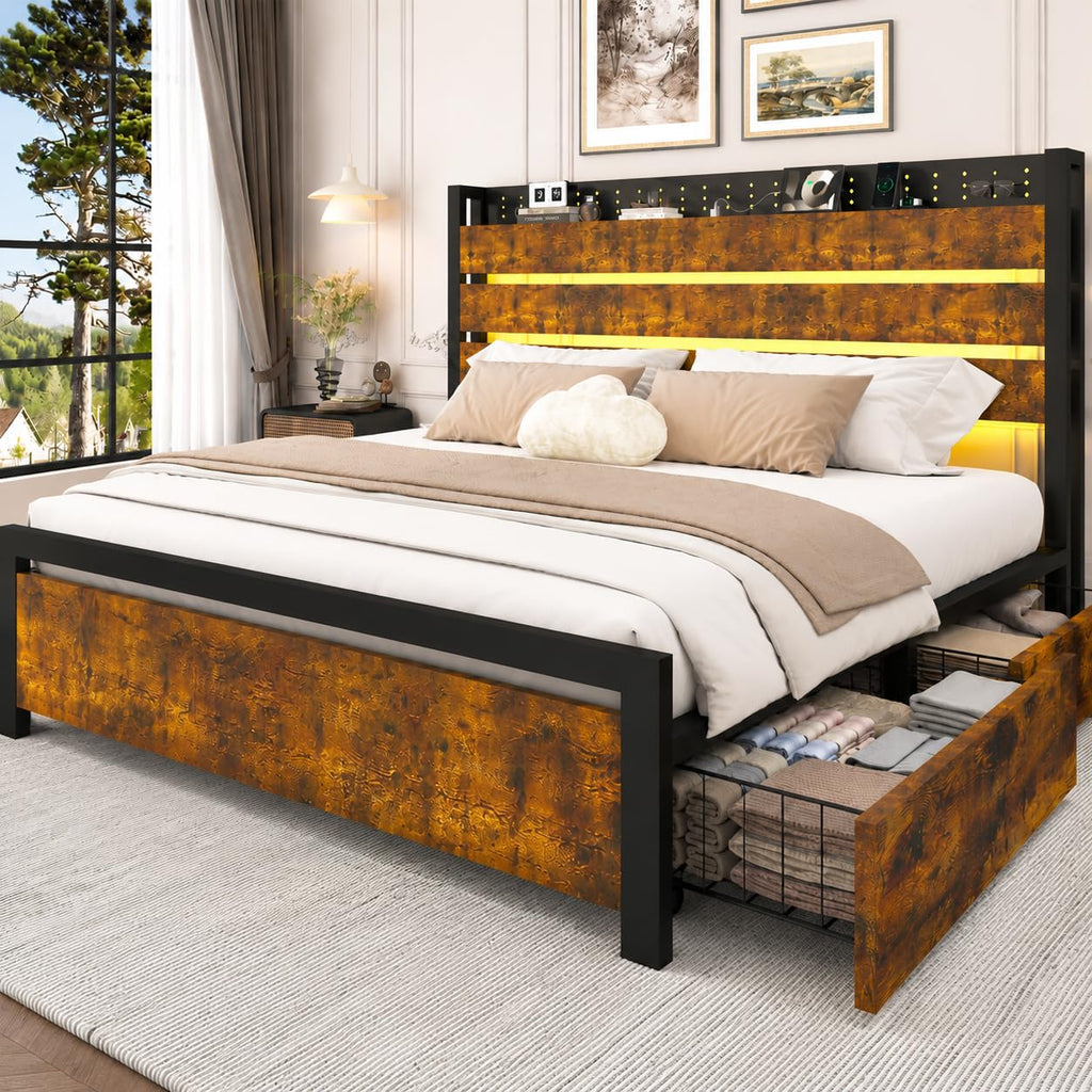King Size Storage Bed Frame with 4 Drawers, Metal Bed Frame with Headboard Charging Station & Led Lights, Heavy Duty Platform Bedframe, No Box Spring Needed, Noise Free, Easy Assembly, Brown O320224