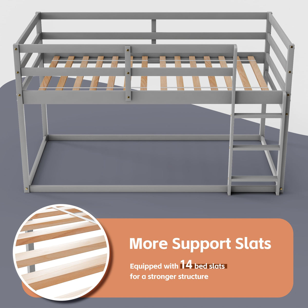 Low Twin Over Twin Wooden Bunk Bed with Ladder and Guardrails O94163