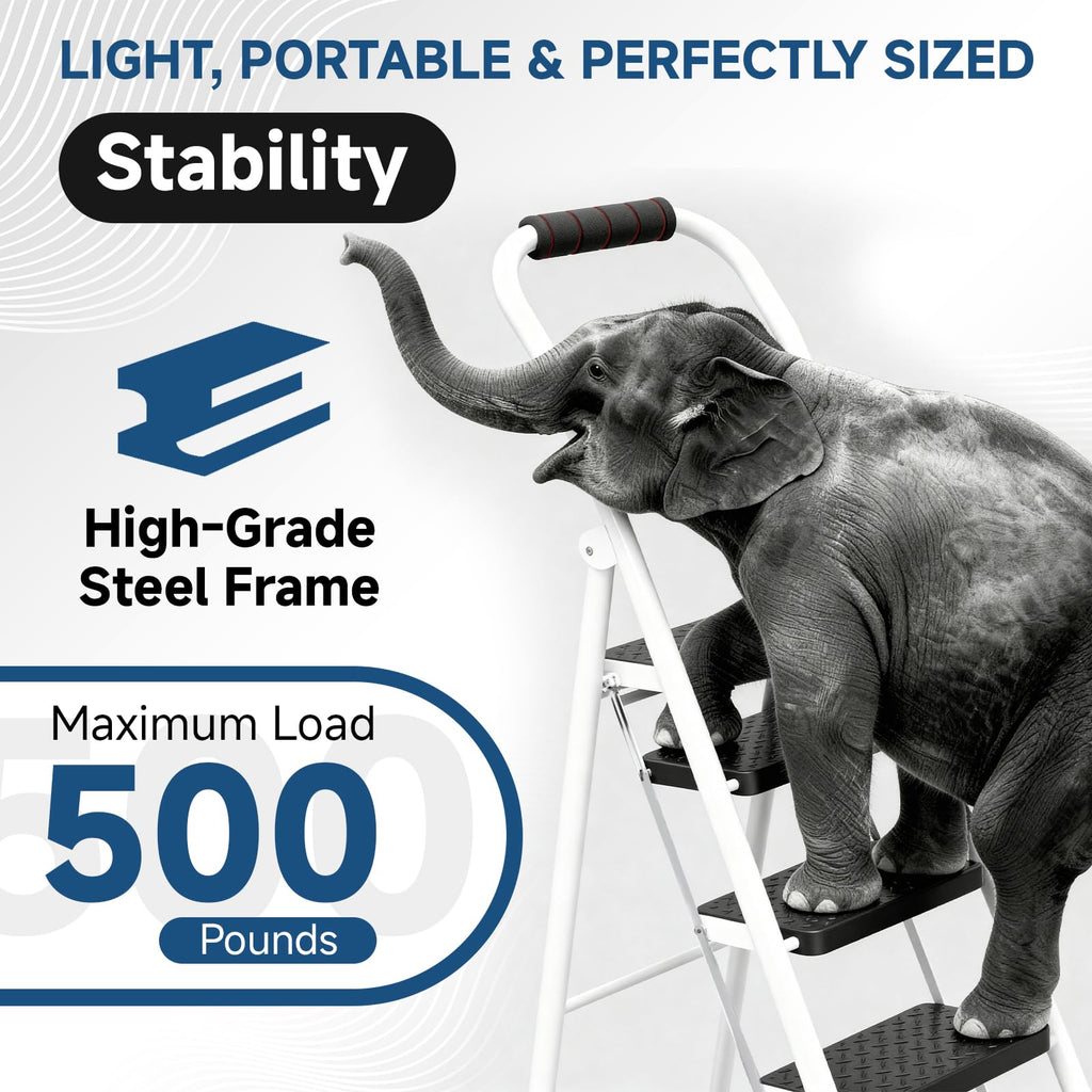 4 Step Ladder Folding Step Stool with Handrail 800lb White G3330