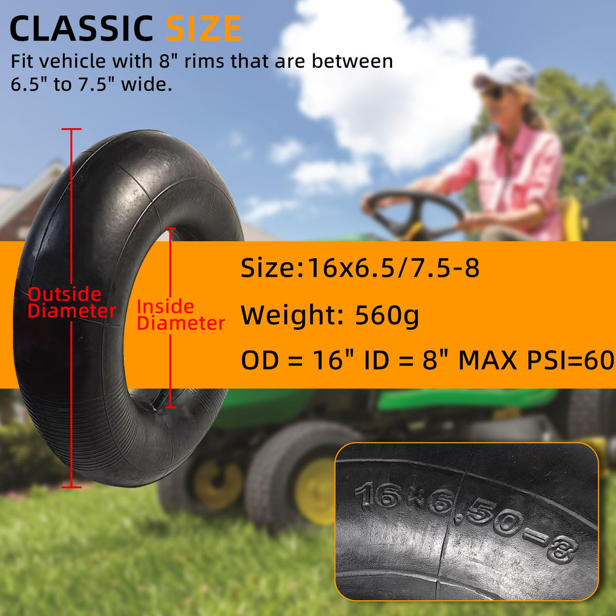 2 Pack 16x6.50-8/7.50-8 Lawn Mower Tire Inner Tubes with TR-13 Straight Valve Stem N722
