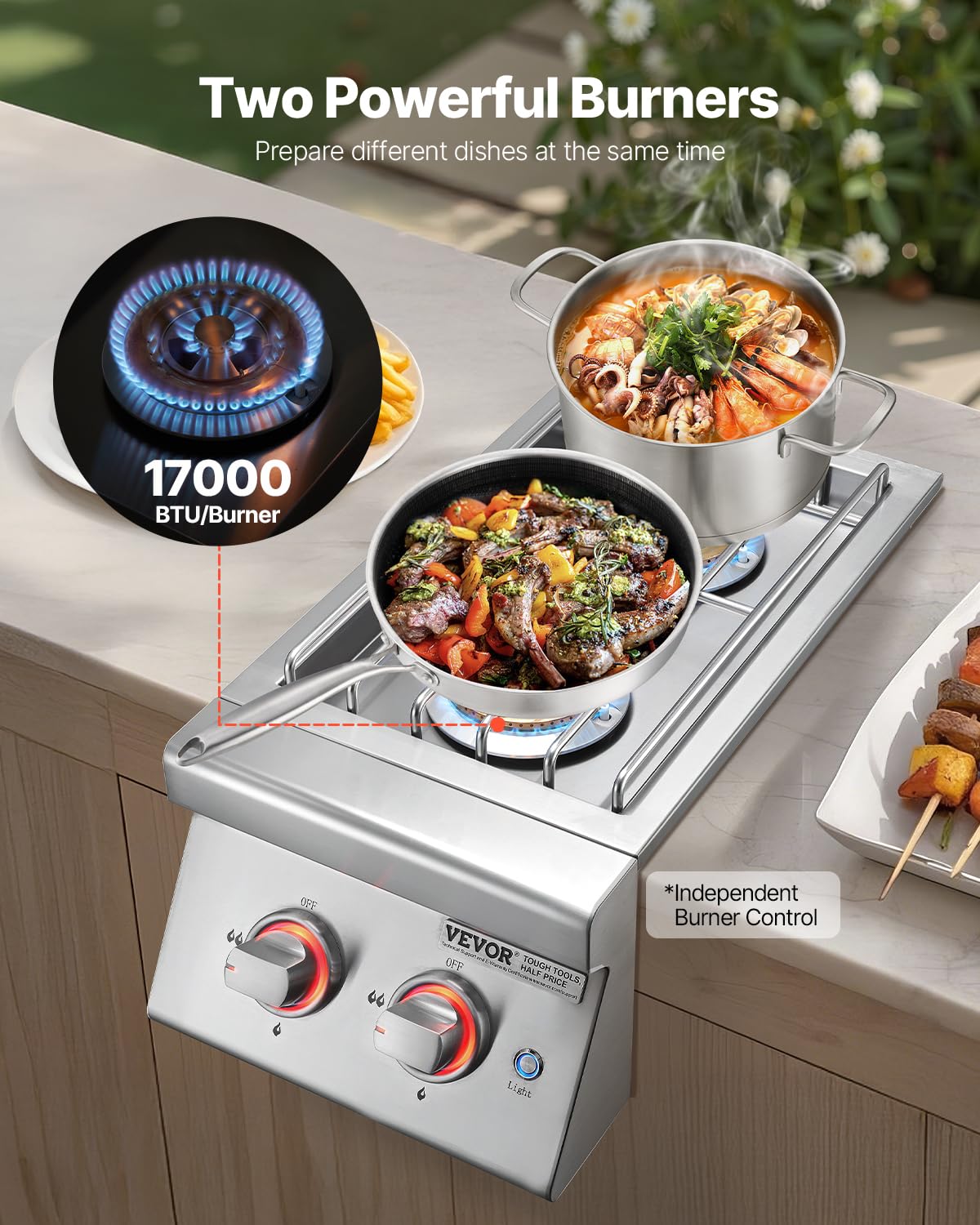 Double Side Burners, 2 x 17,000BTU Liquid Propane, Convertible to Natural Gas, 304 Stainless Steel Built-in E37726