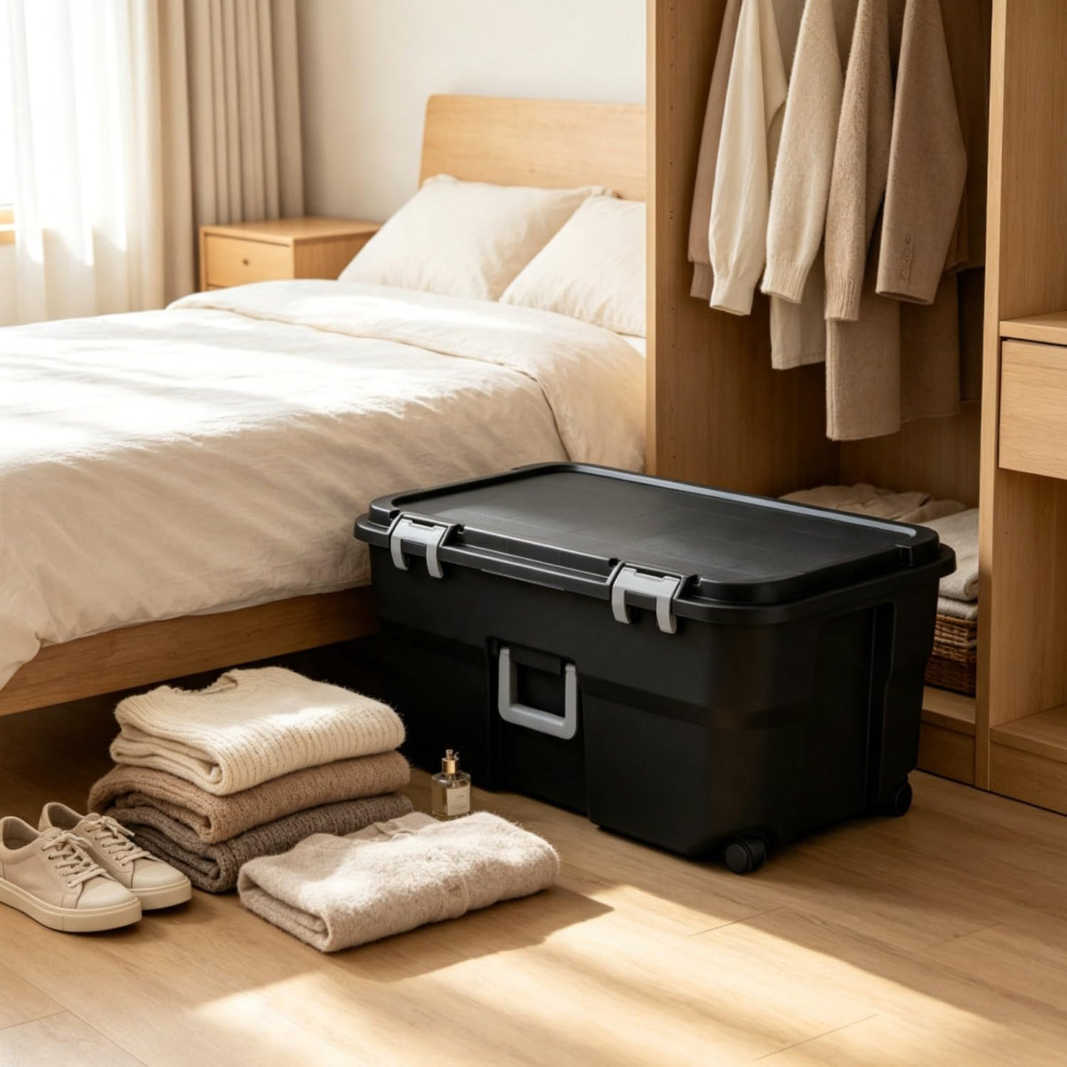 Black Lockable Wheeled Plastic Storage Footlocker D5047