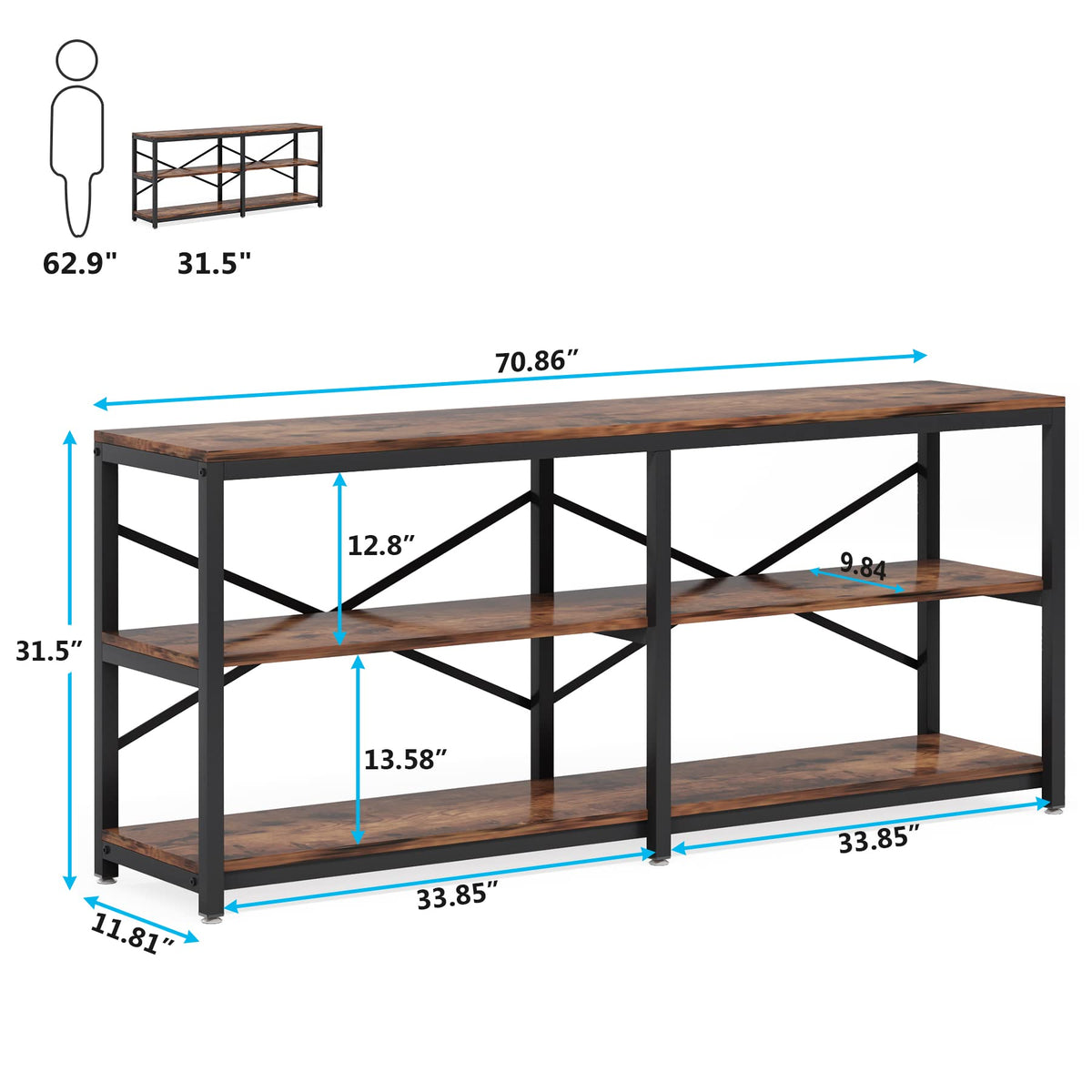 70.9 Inch 3-Tier Console Table with Storage Shelves B985