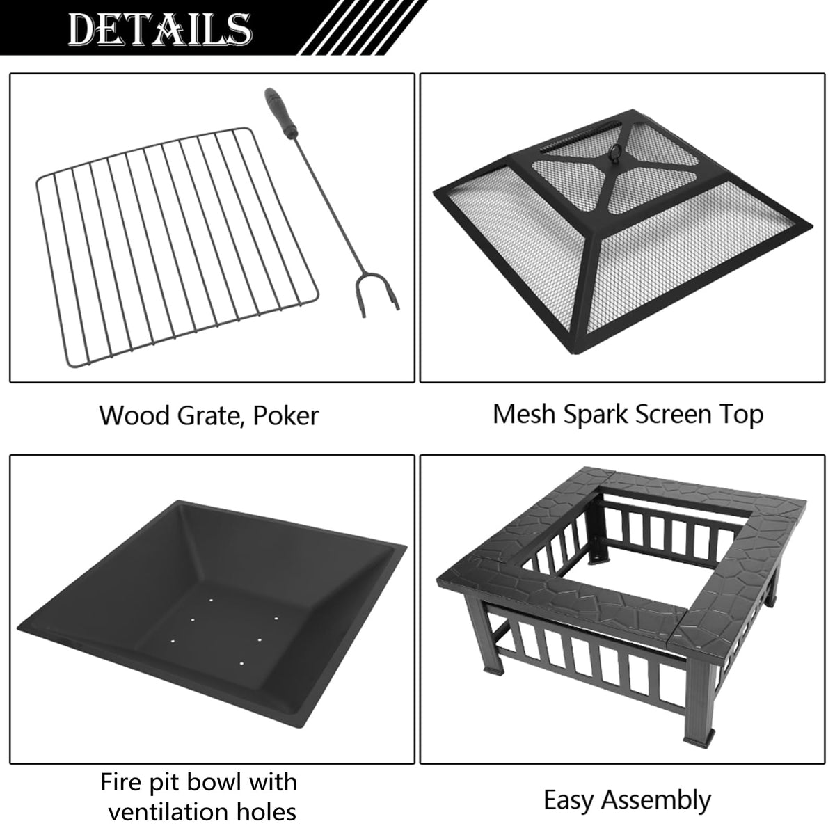 Black 32" Wood Burning Fire Pit Table with Grate, Poker and Spark Screen Cover X125413