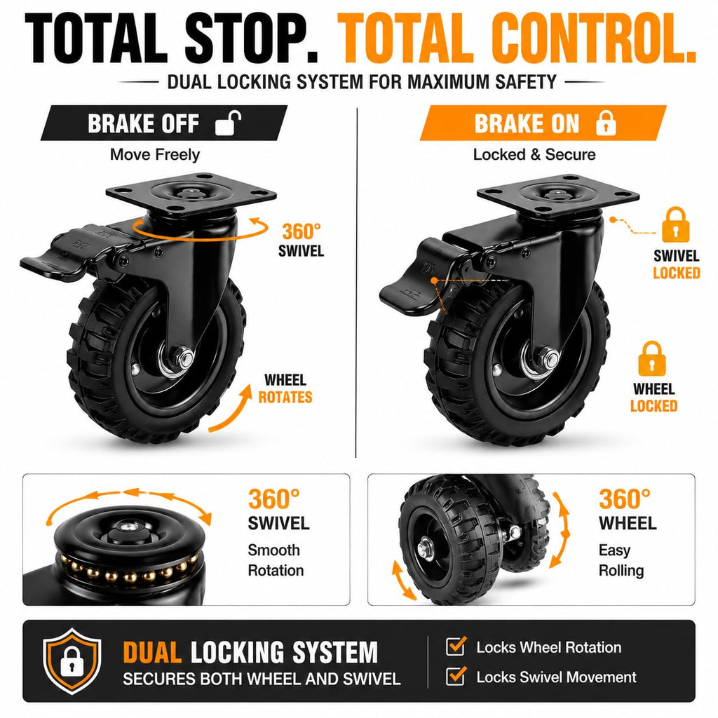 5 Inch Dual Locking Rubber Caster Wheels, 600 Lbs, 4-Pack D70712