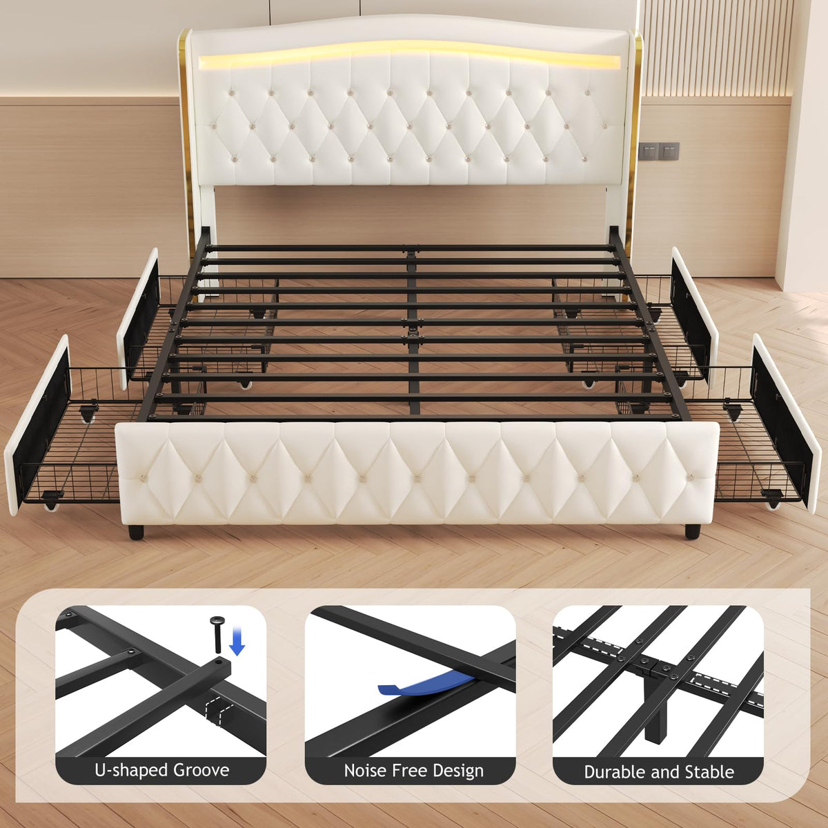 White Full Size Bed Frame with 4 Storage Drawers H5890