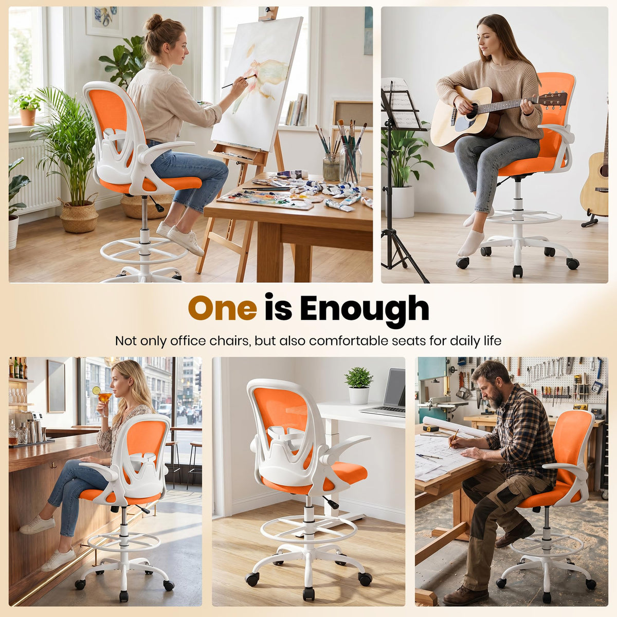 Tall Ergonomic Drafting Chair with Flip-up Armrests and Footrest Ring O194