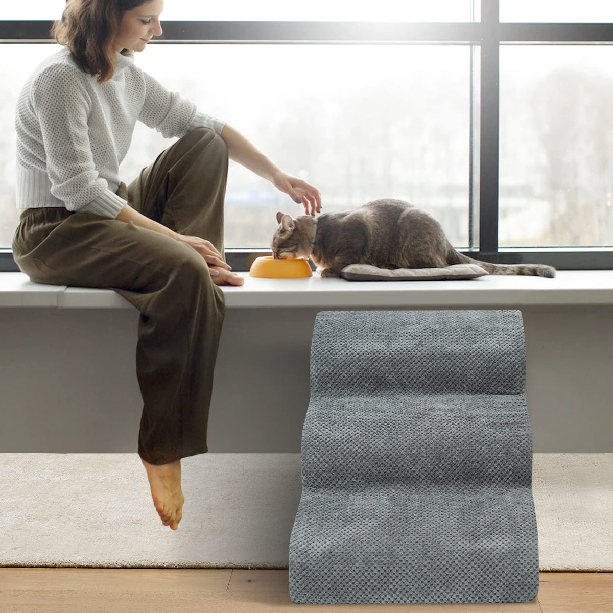 High Density Foam Dog Stairs 3 Steps Grey O764435