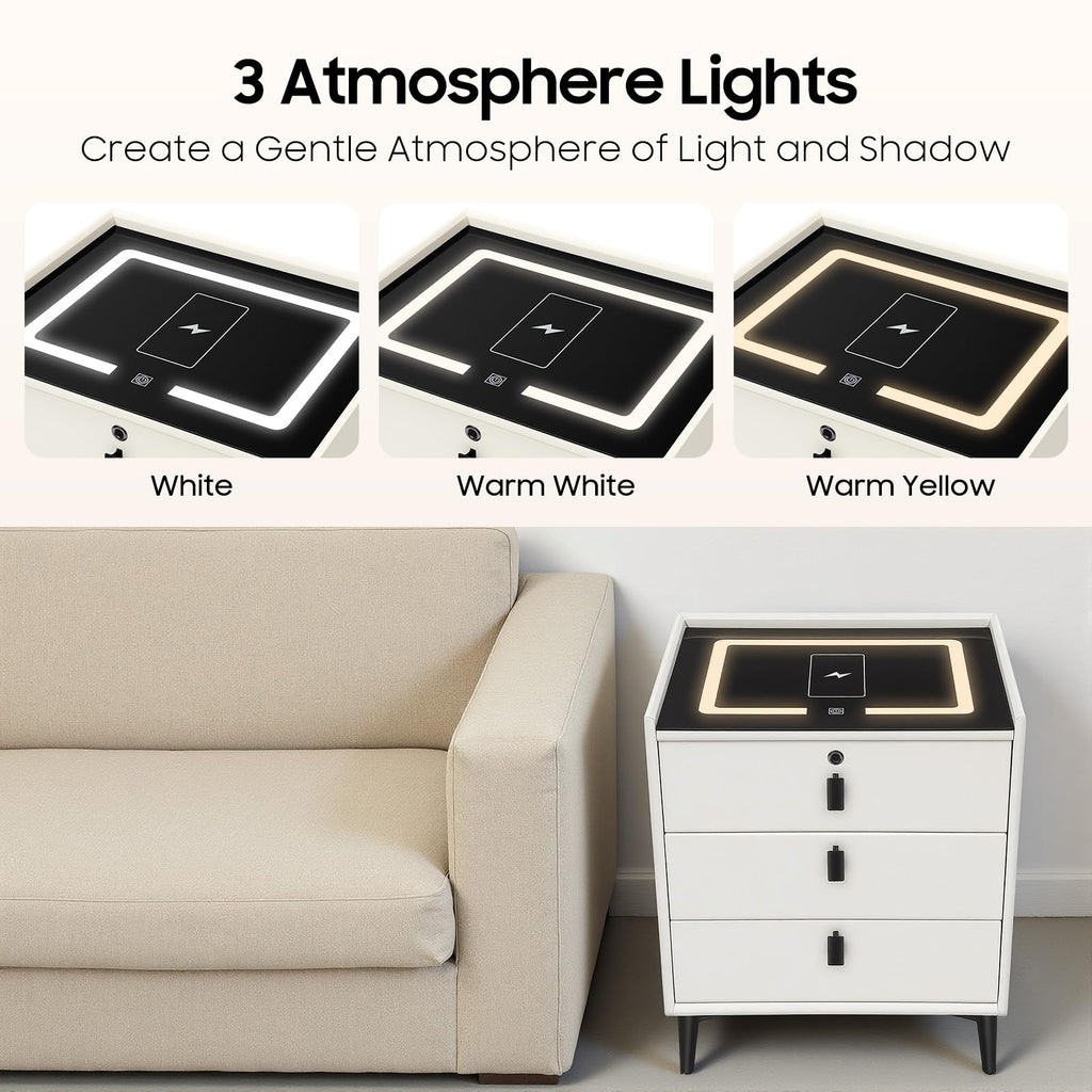Beige White 3 Drawer Nightstand with Wireless Charging P4428