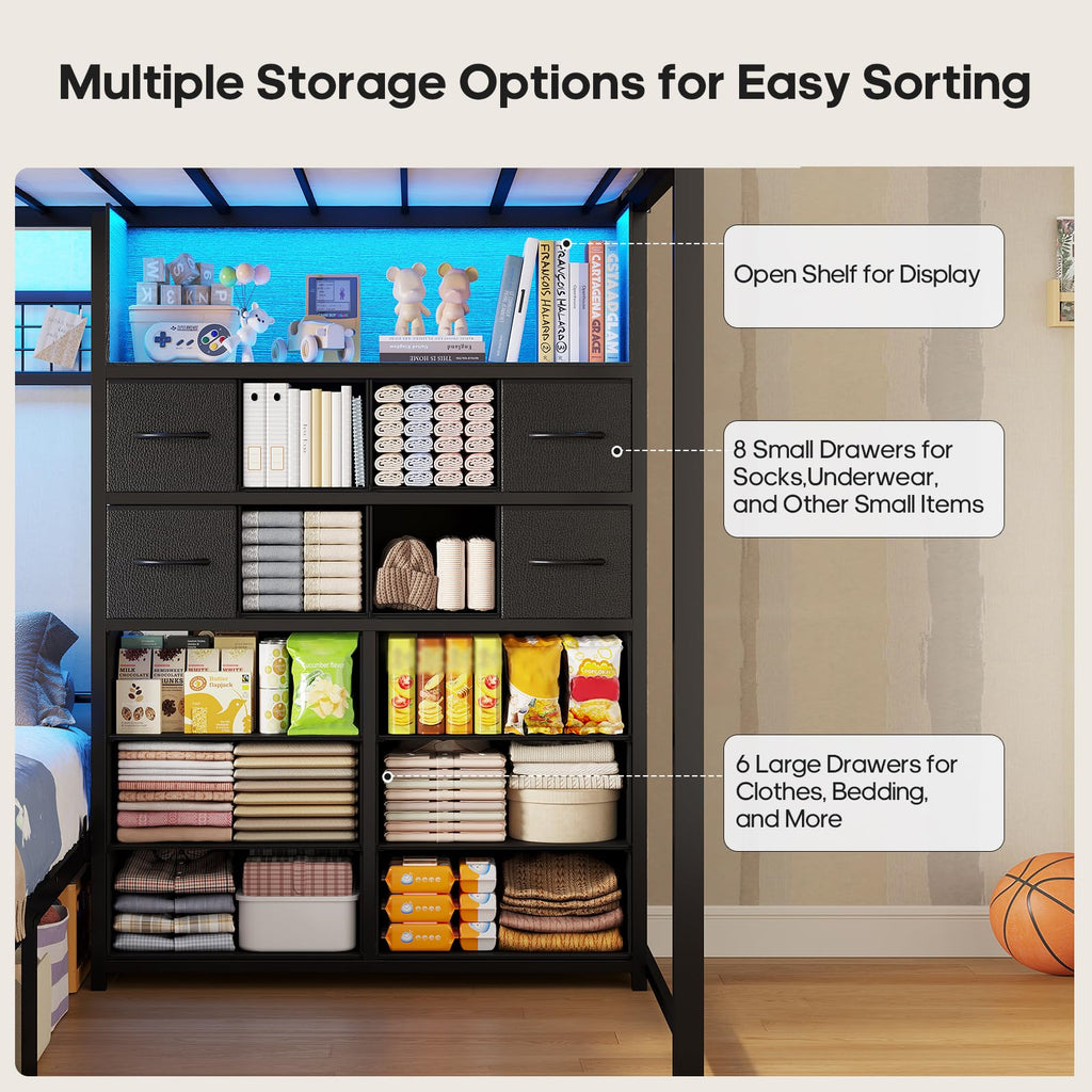 Black Twin Over Twin Bunk Bed with Storage Drawers & Bookshelf D554468