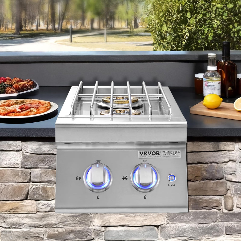 Double Side Burners, 2 x 17,000BTU Liquid Propane, Convertible to Natural Gas, 304 Stainless Steel Built-in E37726