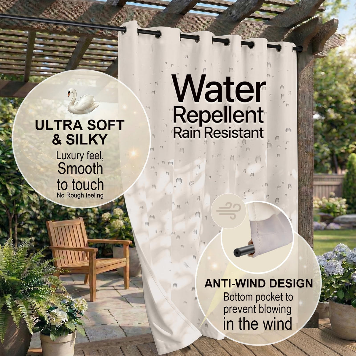 W52 x L108 Weather-resistant Grommet Top Curtains (2 Panels) V498583