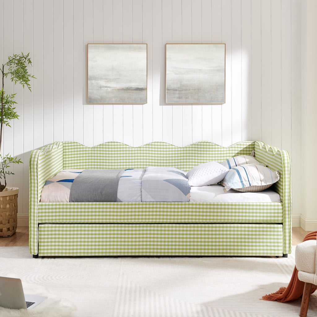 Green Gingham Full to King Upholstered Daybed with Trundle J735