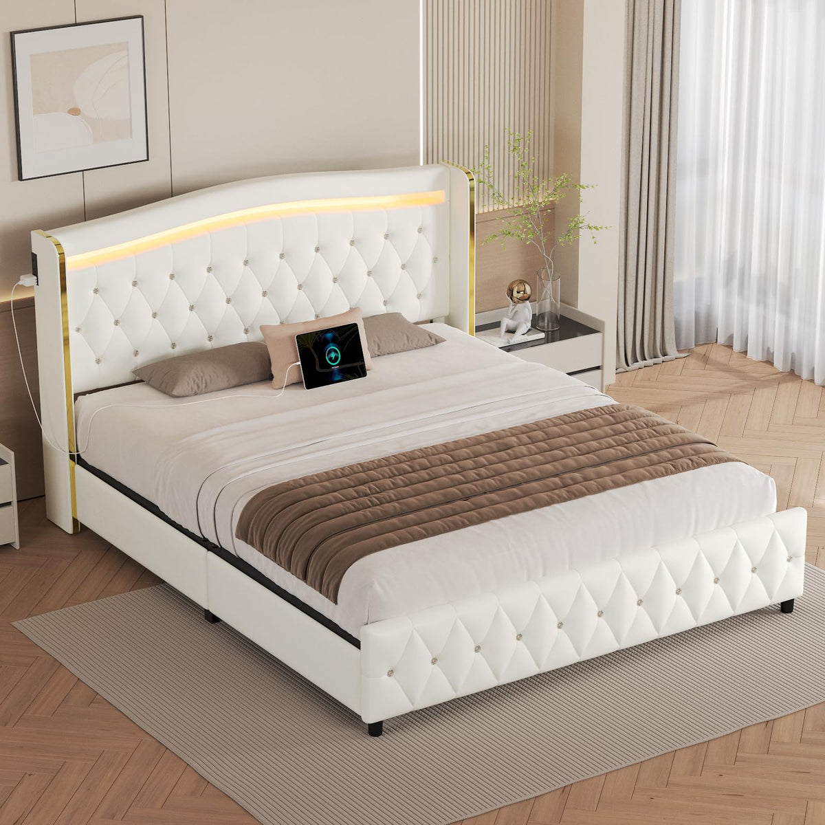 White Full Size Bed Frame with 4 Storage Drawers H5890