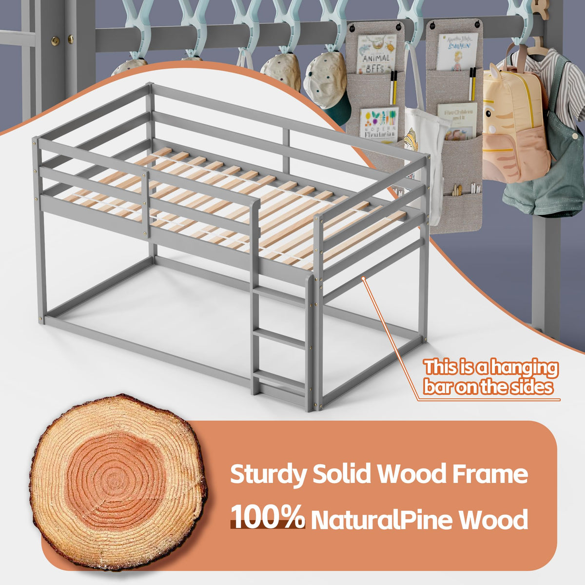 Low Twin Over Twin Wooden Bunk Bed with Ladder and Guardrails O94163