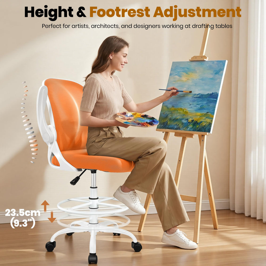 Tall Ergonomic Drafting Chair with Flip-up Armrests and Footrest Ring O194