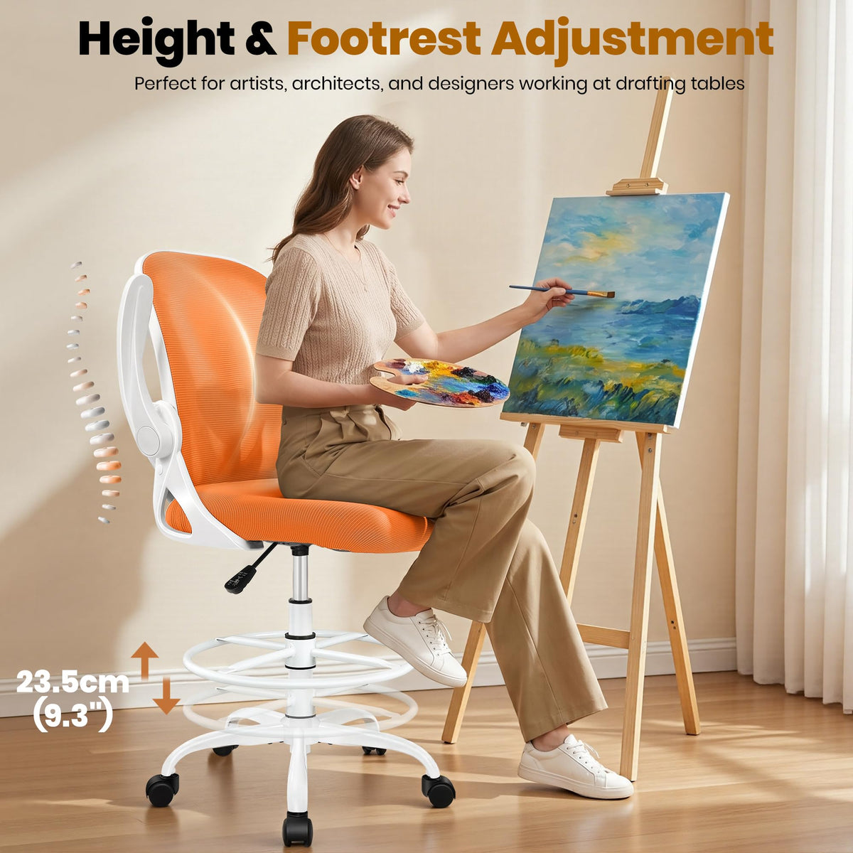 Tall Ergonomic Drafting Chair with Flip-up Armrests and Footrest Ring O194