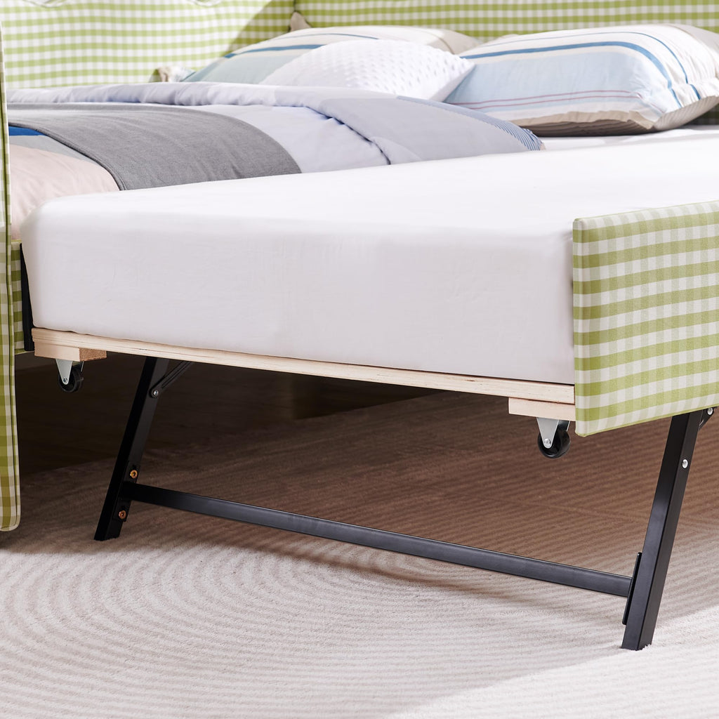 Green Gingham Full to King Upholstered Daybed with Trundle J735