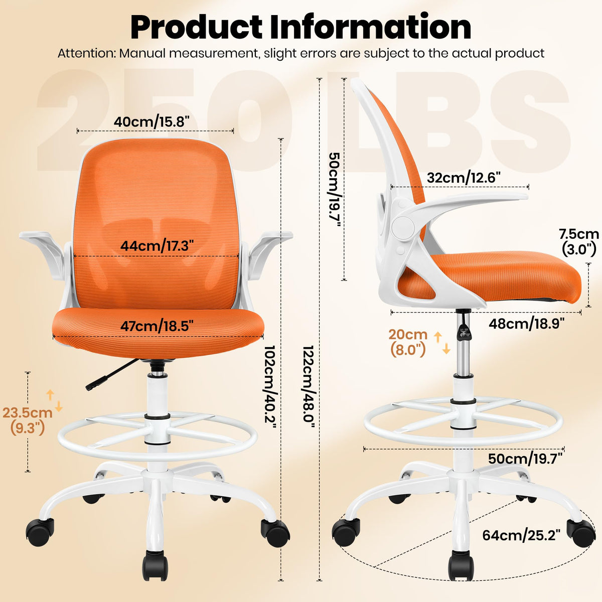 Tall Ergonomic Drafting Chair with Flip-up Armrests and Footrest Ring O194