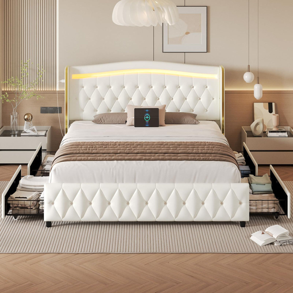 White Full Size Bed Frame with 4 Storage Drawers H5890