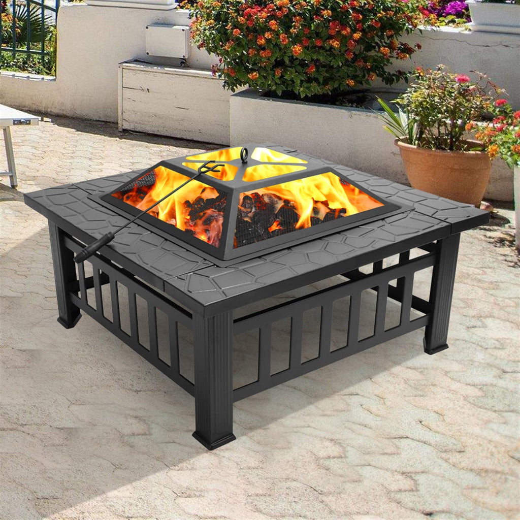 Black 32" Wood Burning Fire Pit Table with Grate, Poker and Spark Screen Cover X125413
