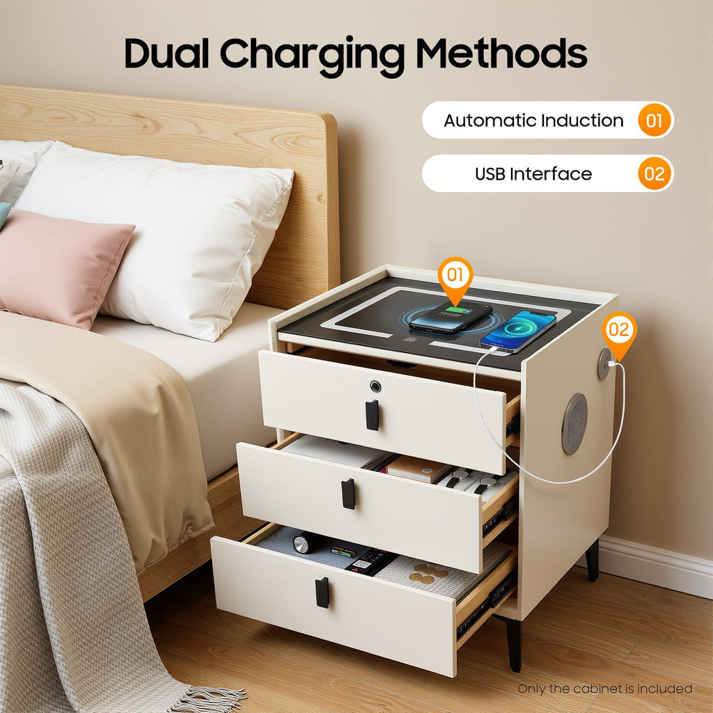 Beige White 3 Drawer Nightstand with Wireless Charging P4428