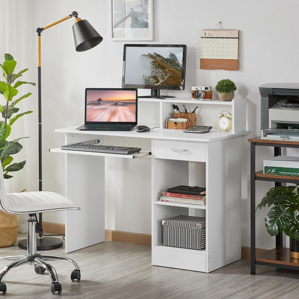 White Computer Desk with Keyboard Tray, Drawers, and Shelves W17426
