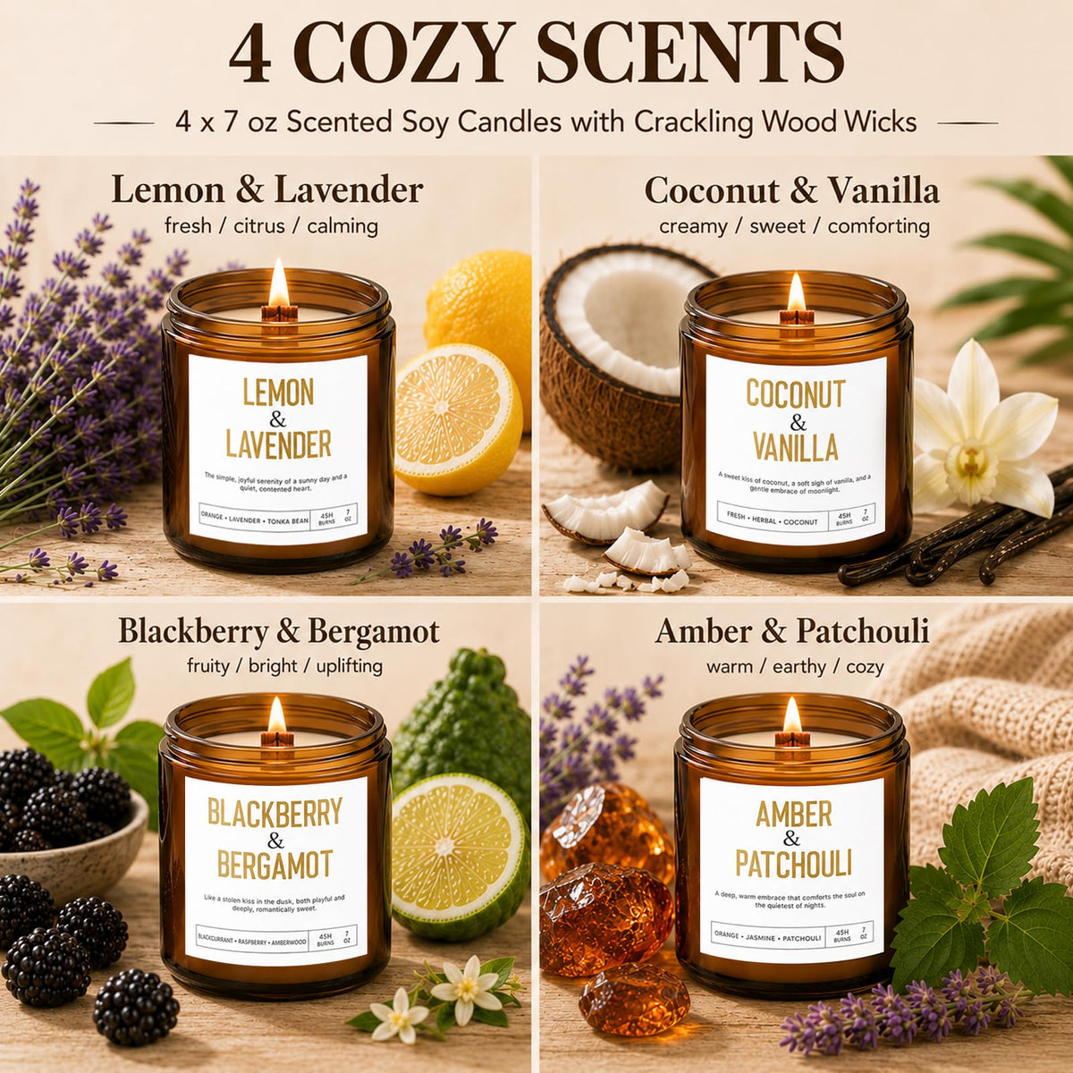 4 Pack Scented Candle Set with Wooden Wick Q8331