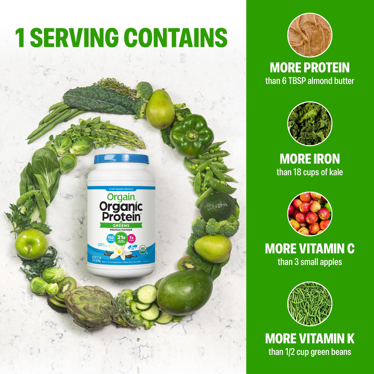 Organic Vegan Protein Powder + Greens Vanilla Bean 21g Plant Based Gluten Free Dairy Free 1.94lb P62898