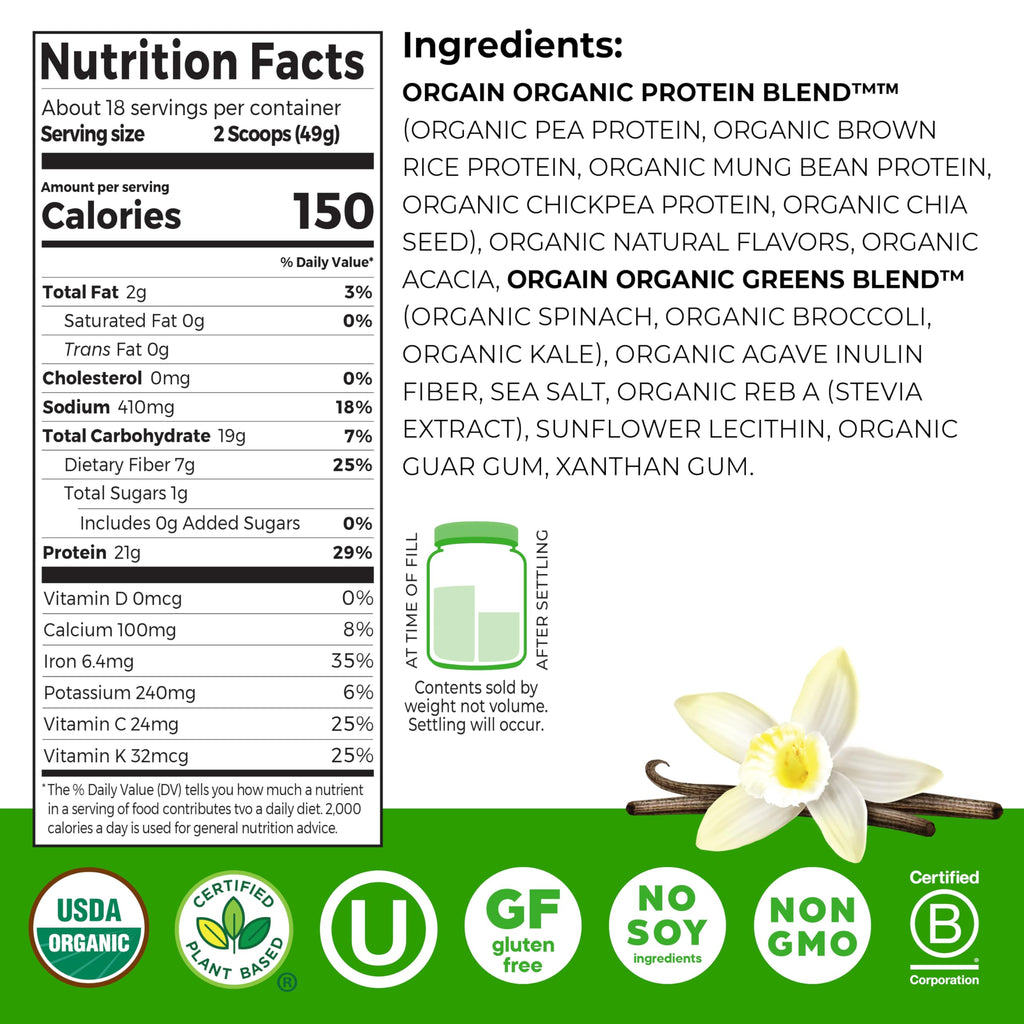 Organic Vegan Protein Powder + Greens Vanilla Bean 21g Plant Based Gluten Free Dairy Free 1.94lb P62898