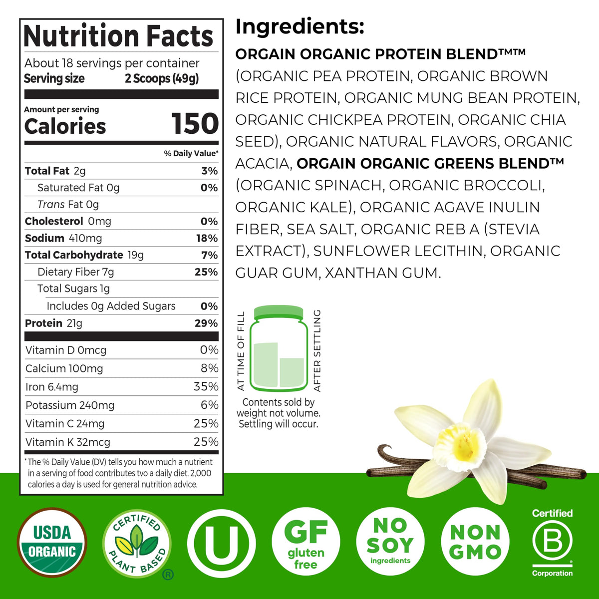 Organic Vegan Protein Powder + Greens Vanilla Bean 21g Plant Based Gluten Free Dairy Free 1.94lb P62898