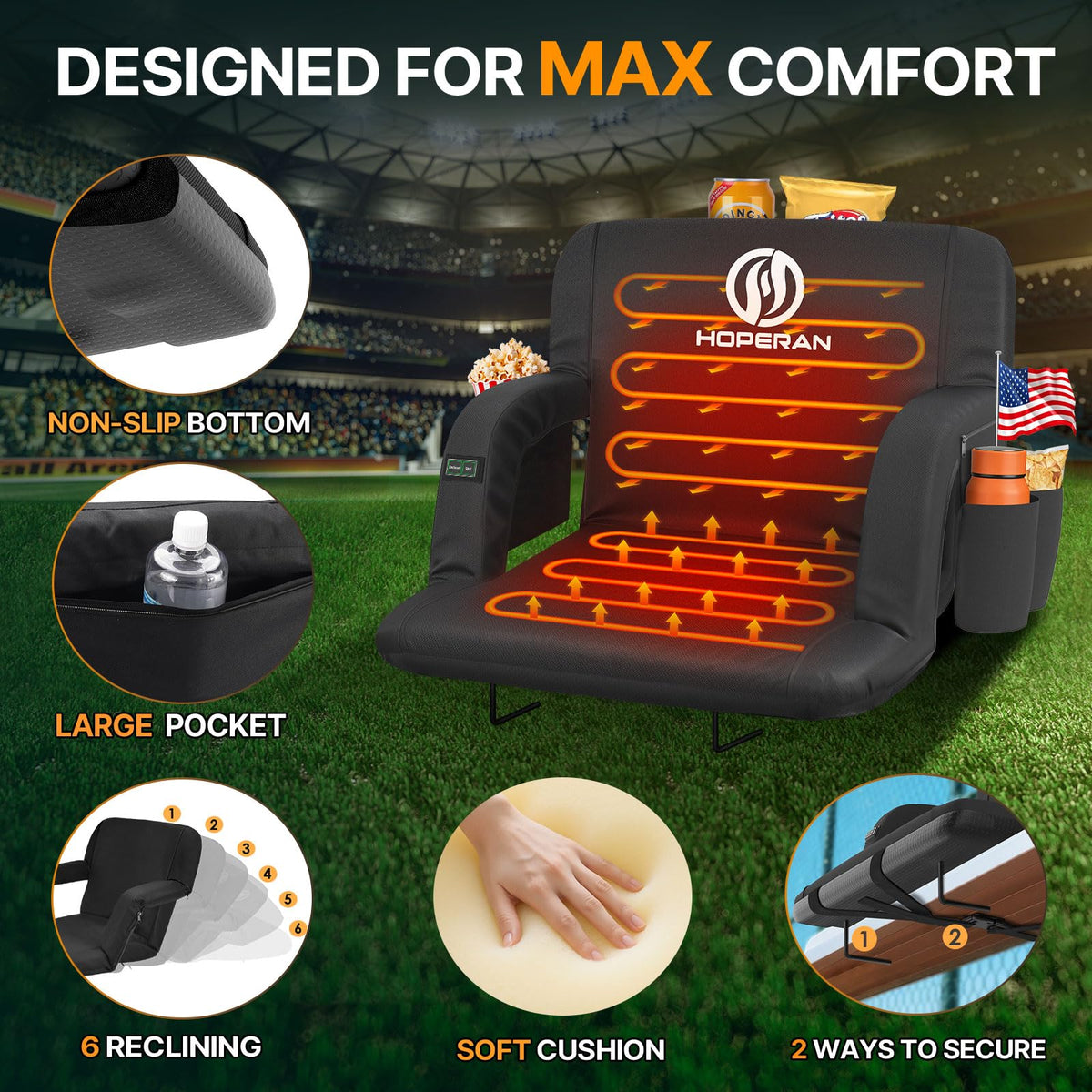 Black Heated Stadium Seats for Bleachers, 2 PCS Q871939