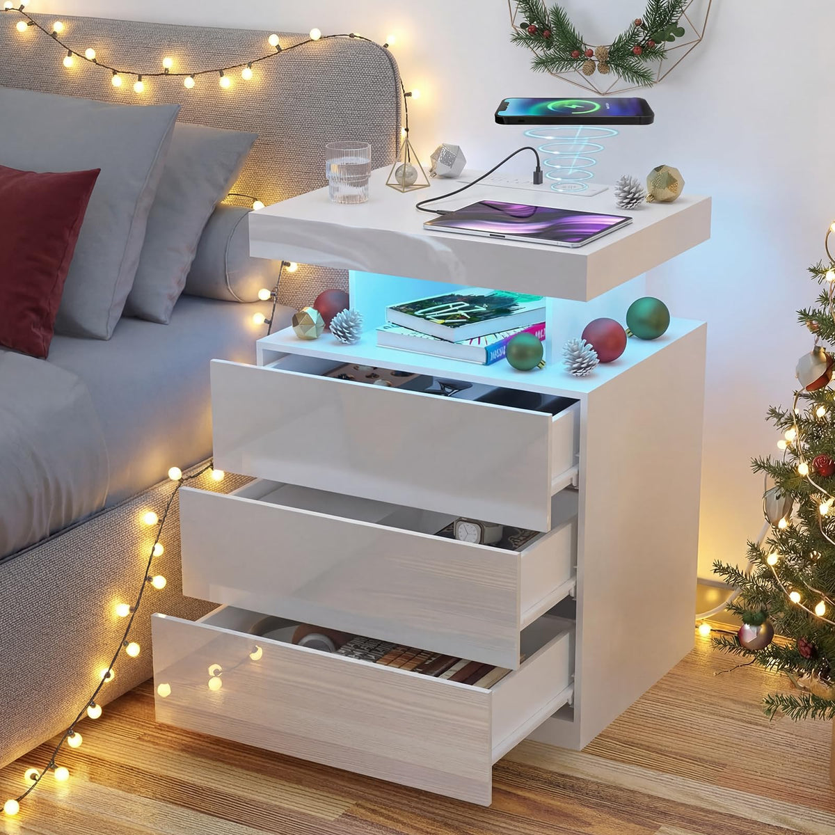 White 3 Drawer Nightstand with Wireless Charging Station E1041