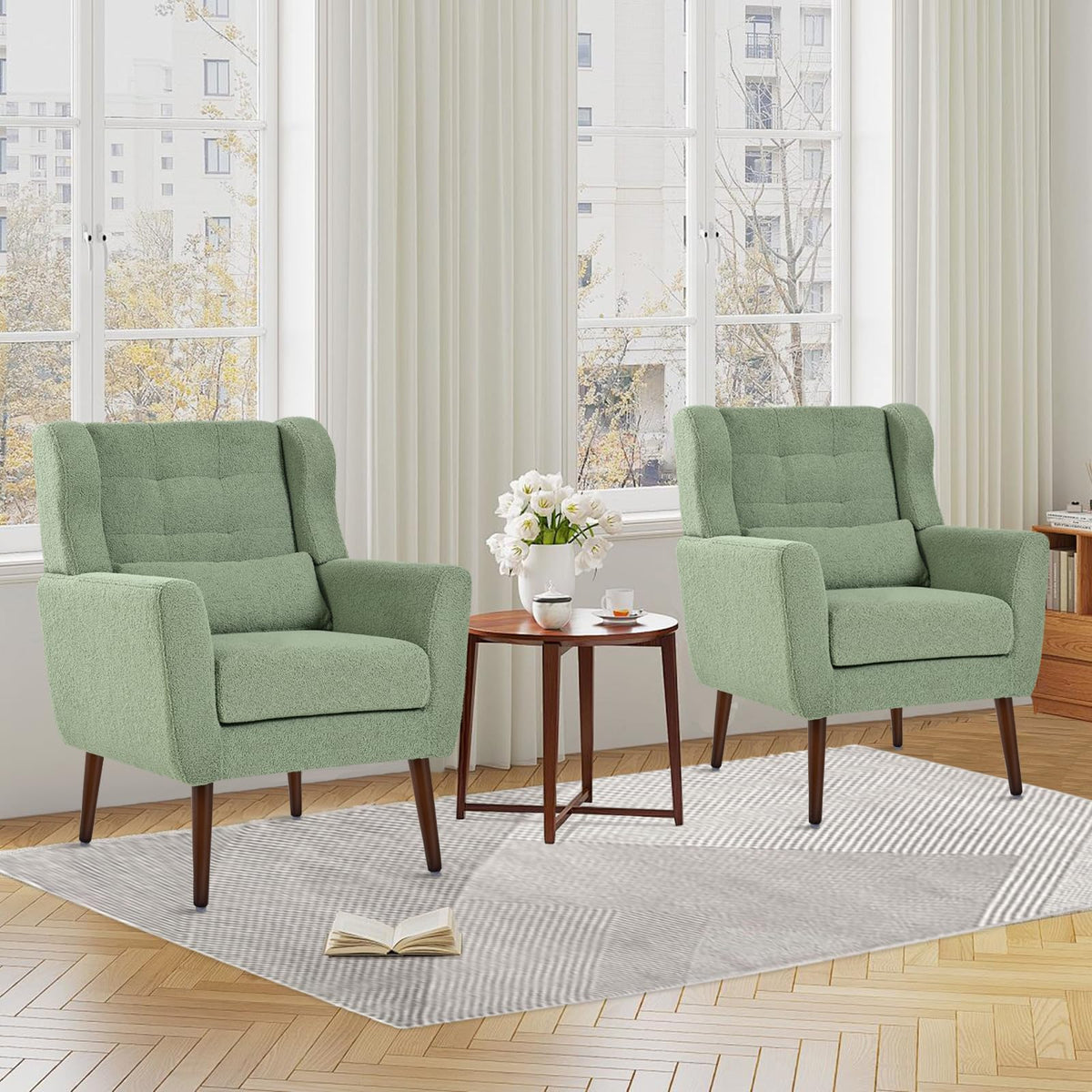 Green Teddy Upholstered Armchair Set of 2 with Lumbar Pillow L36369