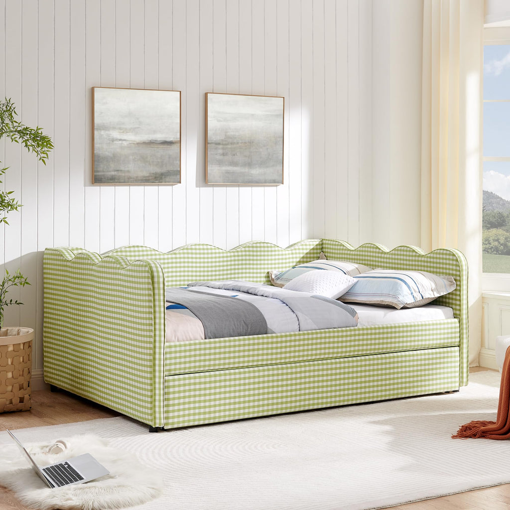 Green Gingham Full to King Upholstered Daybed with Trundle J735