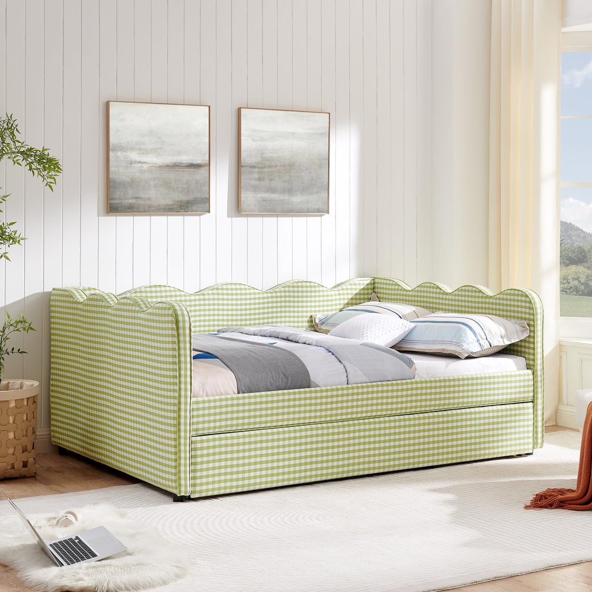 Green Gingham Full to King Upholstered Daybed with Trundle J735