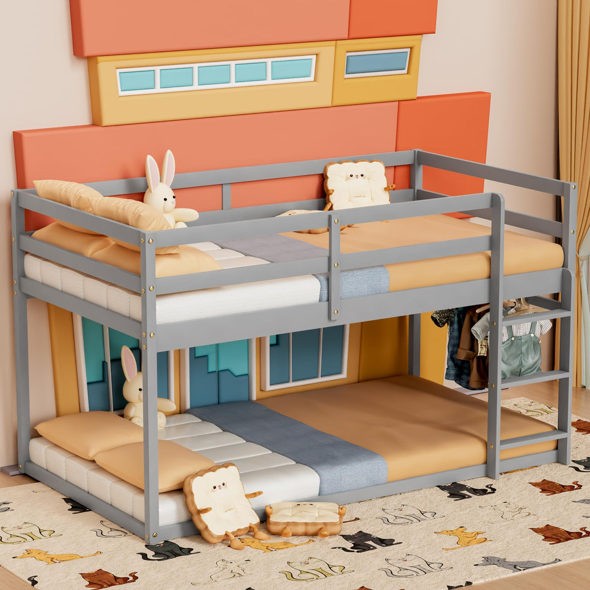 Low Twin Over Twin Wooden Bunk Bed with Ladder and Guardrails O94163