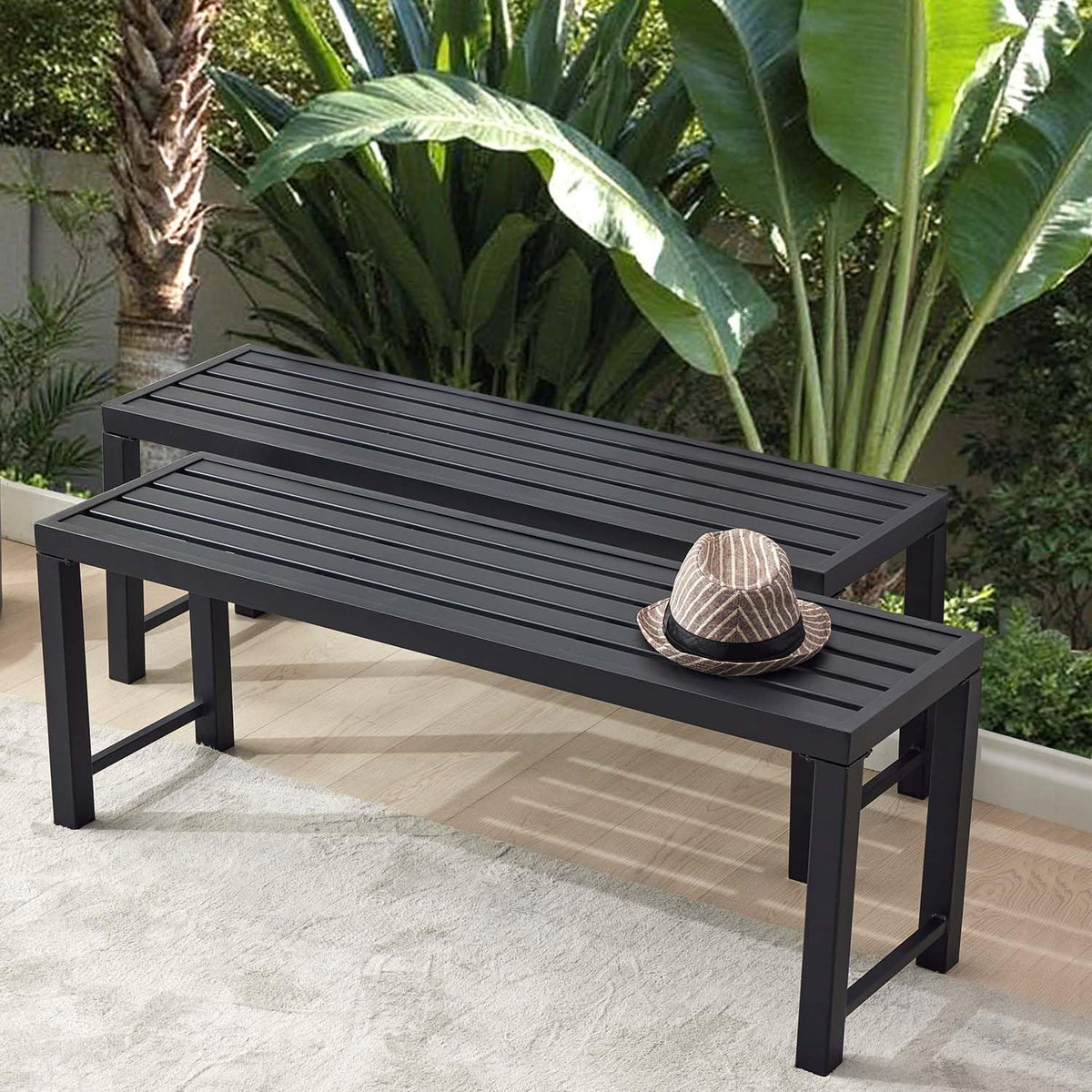 Black Set of 2 Metal Outdoor Backless Bench C8789