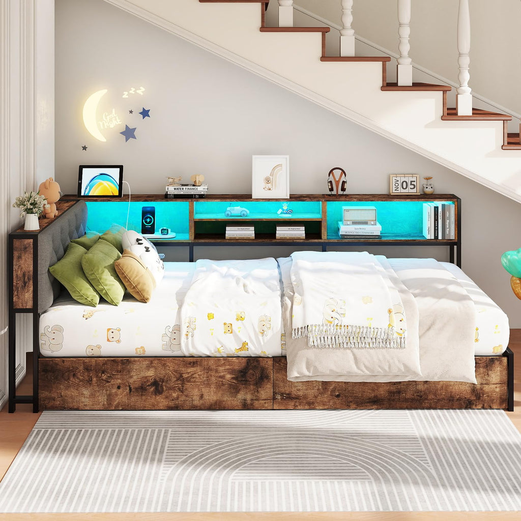 Twin Size Corner Bed Frame with Storage and Headboard O77514