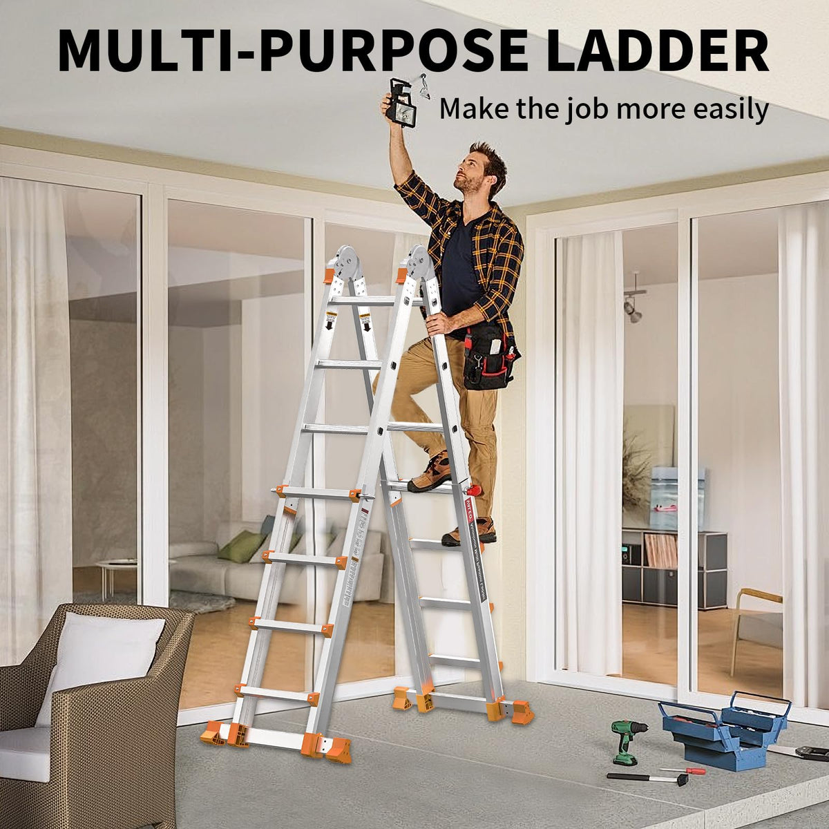 11FT Multi Position Aluminum Folding Ladder with Tool Tray J62601