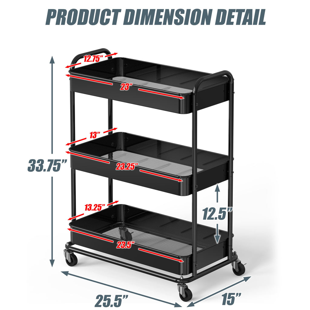 26" 3-Tier Metal Utility Cart, Black U893