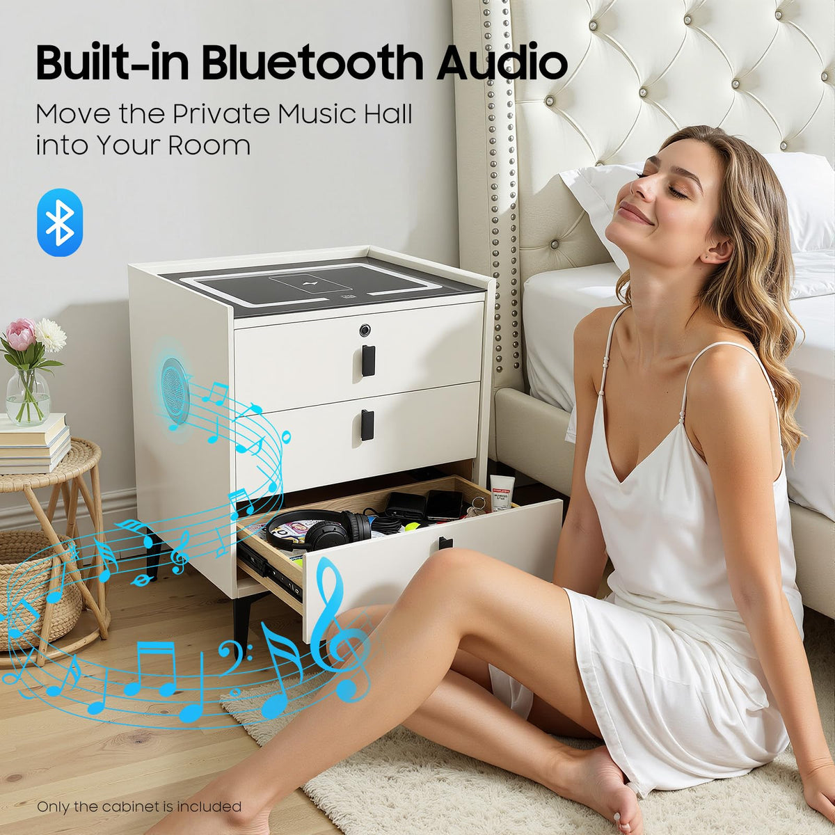 Beige White 3 Drawer Nightstand with Wireless Charging P4428