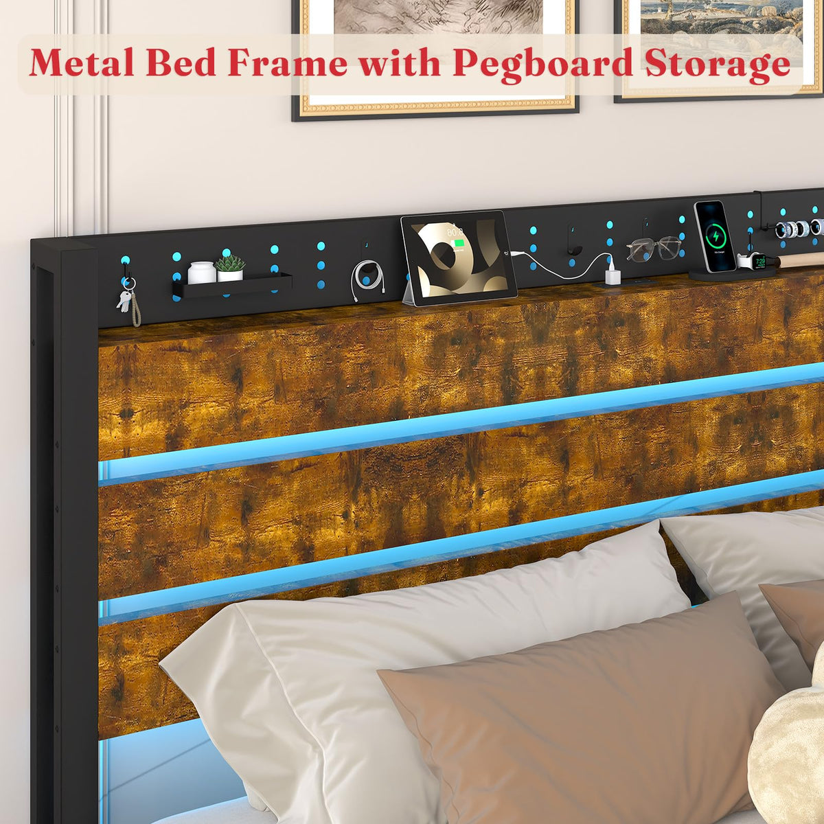 King Size Storage Bed Frame with 4 Drawers, Metal Bed Frame with Headboard Charging Station & Led Lights, Heavy Duty Platform Bedframe, No Box Spring Needed, Noise Free, Easy Assembly, Brown O320224