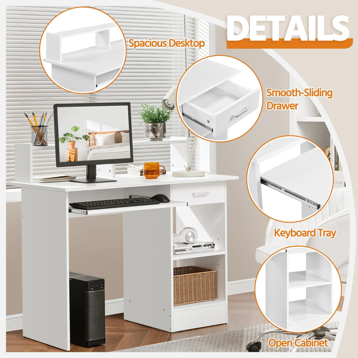 White Computer Desk with Keyboard Tray, Drawers, and Shelves W17426
