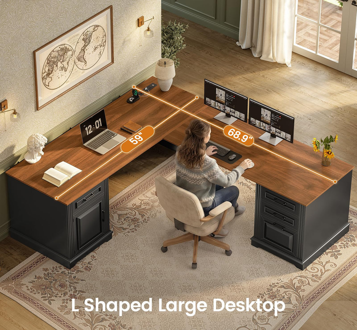 69" L Shaped Desk with Drawers and Storage Cabinet Z756739