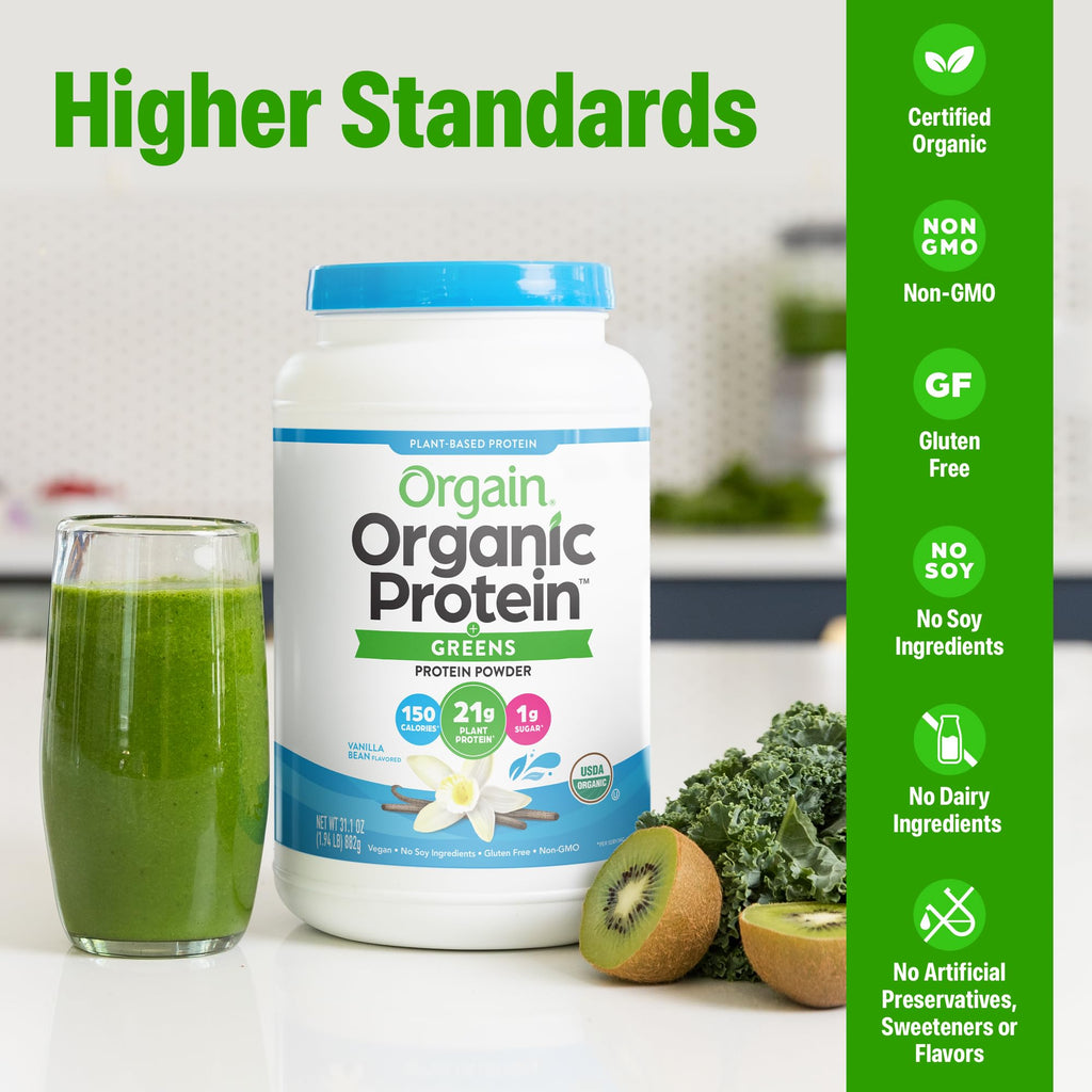 Organic Vegan Protein Powder + Greens Vanilla Bean 21g Plant Based Gluten Free Dairy Free 1.94lb P62898